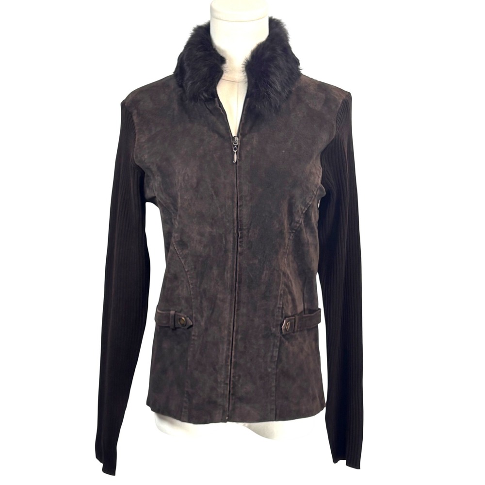 Genuine Suede Leather Sweater Jacket Rabbit Fur Knit Brown Zip VTG Escapade Sz S